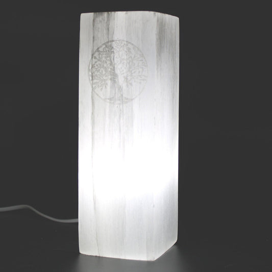 Selenite Tower Block Lamp 25cm Healing Crystal Light - Tree of Life