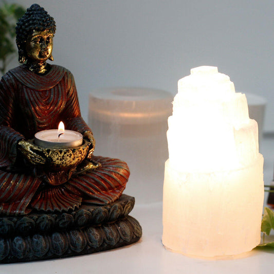 Selenite Tower Lamp 15cm Healing Crystal Chakra Meditation Spiritual Gifts - Kporium Home & Garden