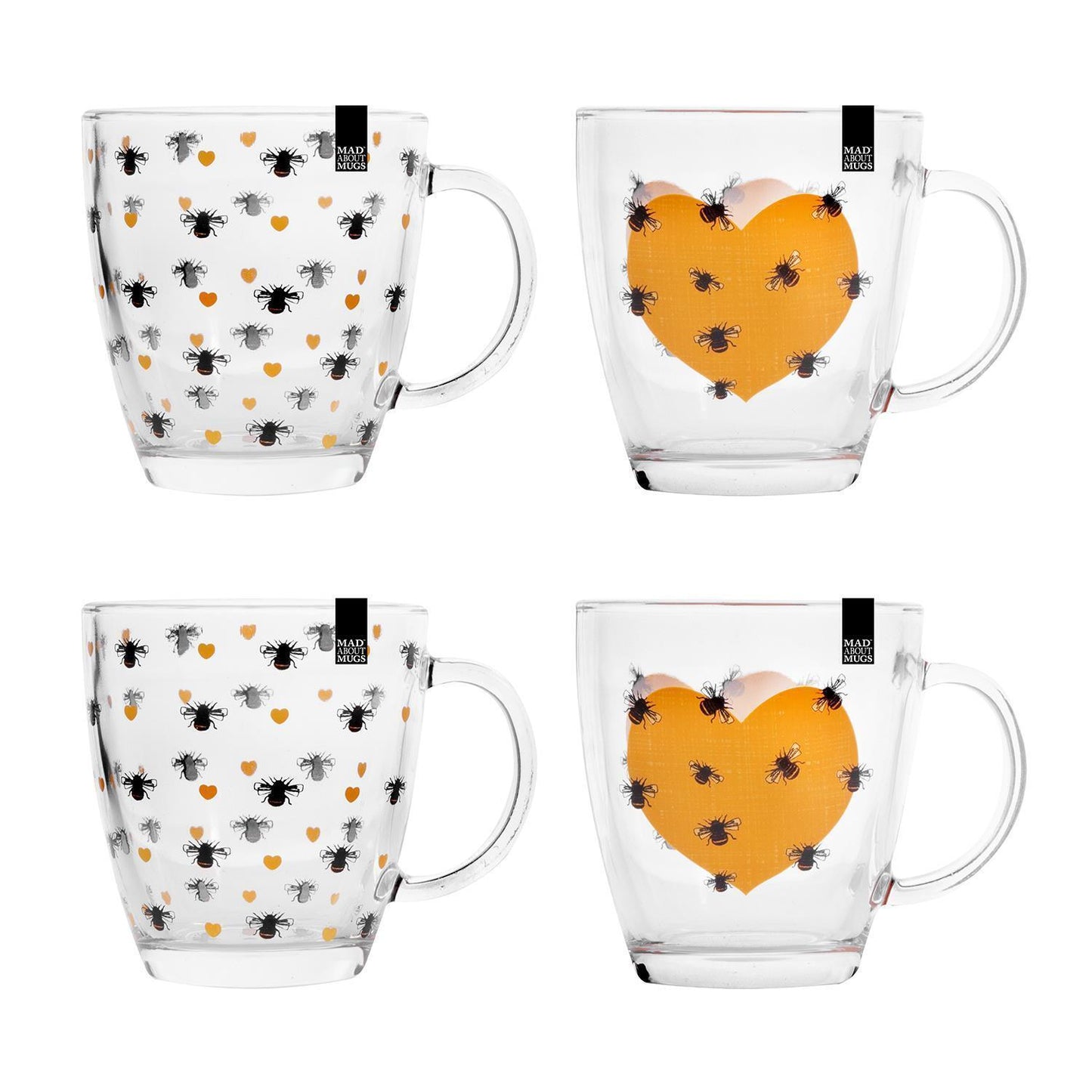 Set of 4 Heart and Bee Clear Glass Tea Coffee Mugs
