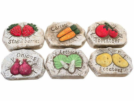 Set of 6 Fruit Vegetable Garden Bed Growing Label Stones Markers