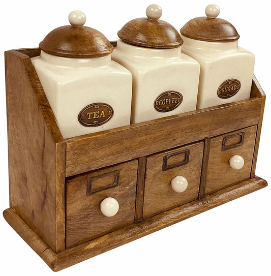 Set of Ceramic Tea Coffee & Sugar Jars and 3 Wooden Storage Drawers