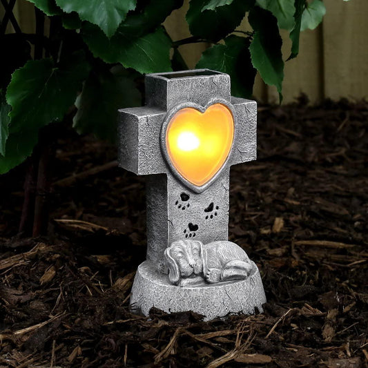 Stone Effect LED Solar Dog Memorial Cross Light, 21cm