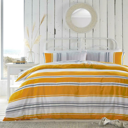 Stripes Ochre Yellow Grey Duvet Cover Reversible Bedding Set