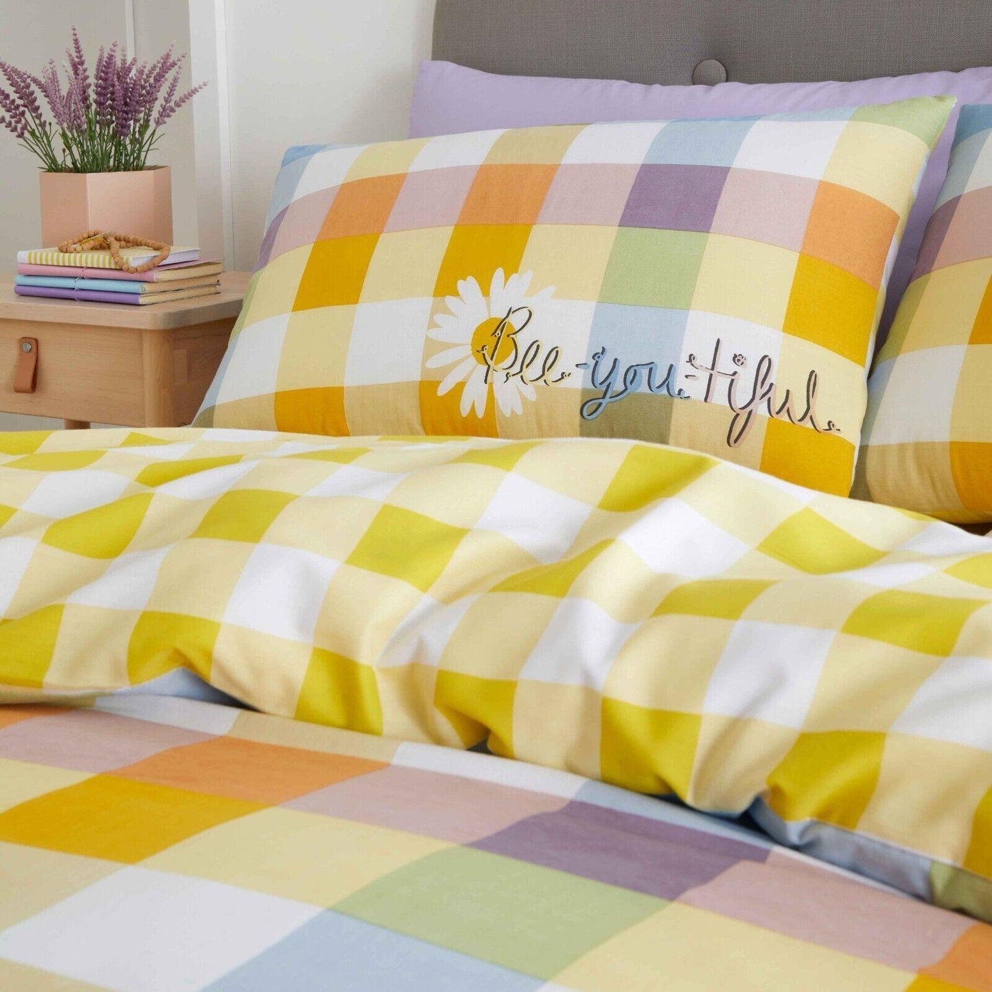 Sunny Gingham Check Print Duvet Cover Bedding Set - Multi Ochre