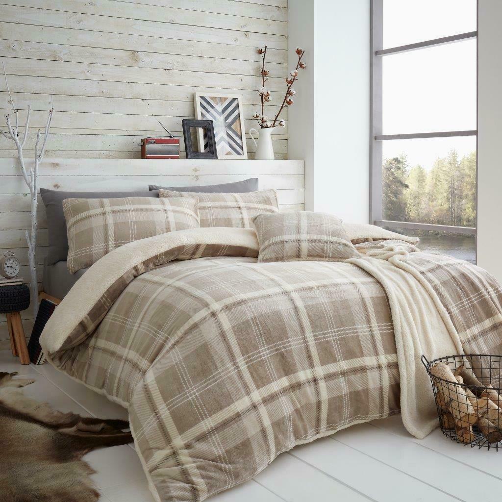 Teddy Bear Fleece Check Duvet Cover Set Soft Bedding - Natural