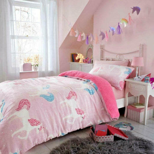 Teddy Bear Fleece Kids Duvet Cover Set Soft Bedding - Pink Unicorn - Kporium Home & Garden