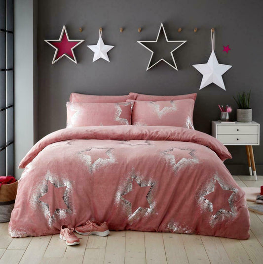 Teddy Bear Large Stars Fleece Duvet Cover Set Soft Bedding - Pink