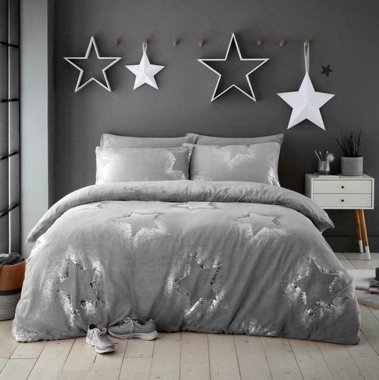 Teddy Bear Large Stars Fleece Duvet Cover Set Soft Bedding - Silver Grey