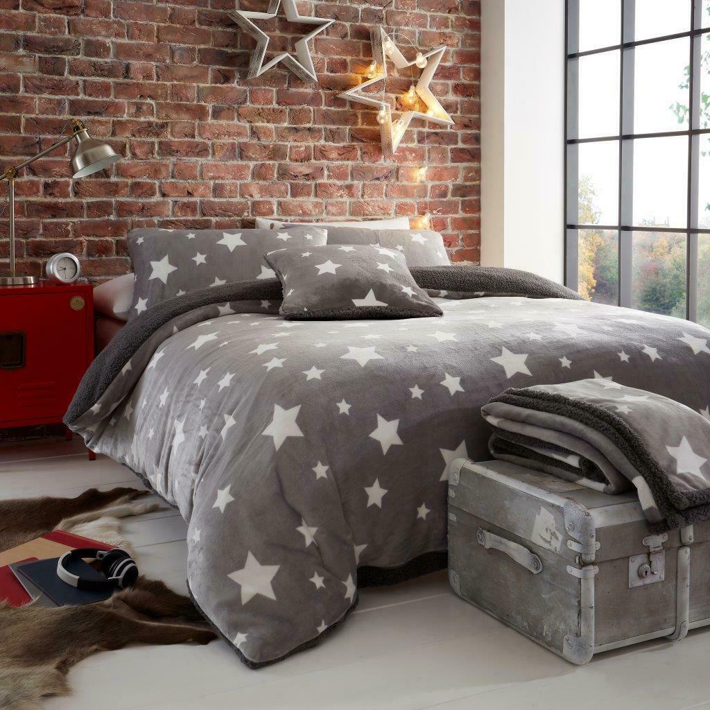 Teddy Bear Stars Fleece Sherpa Duvet Cover Set Soft Bedding - Grey