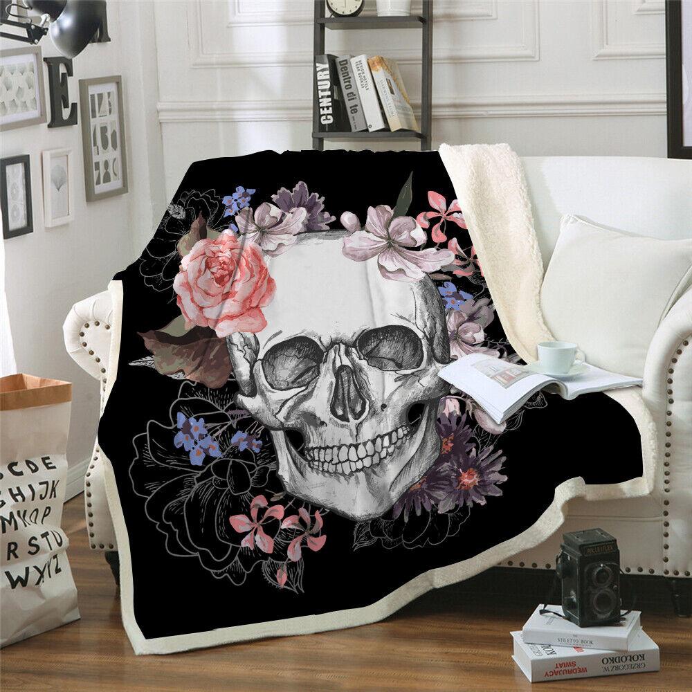 Warm Soft Fleece Blanket Throw - Floral Skull