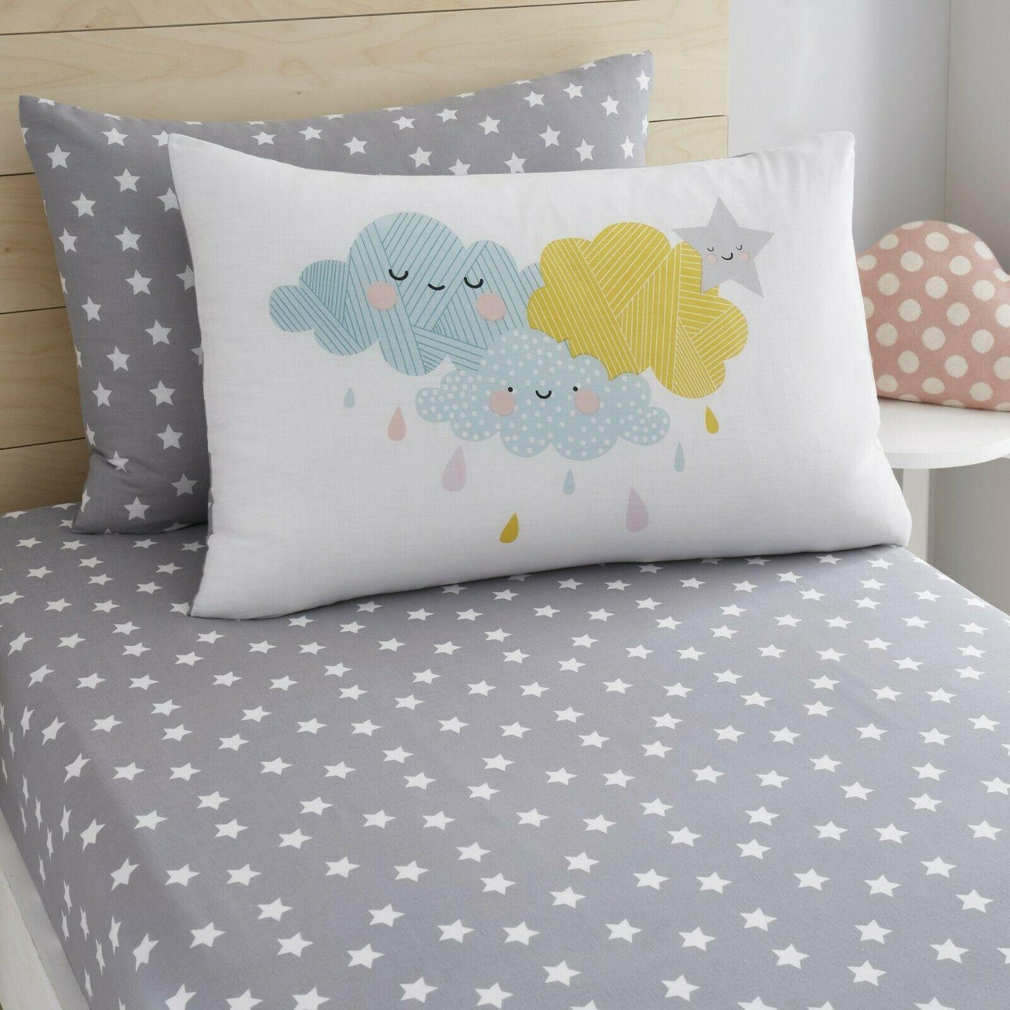 White Happy Clouds Print Kids Bedding Duvet Set Fitted Sheets