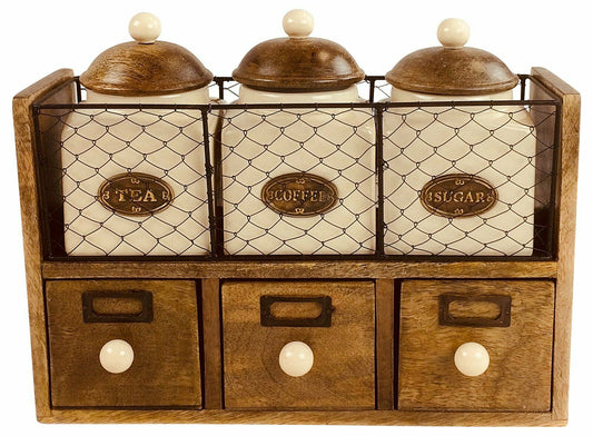 Wooden Cabinet with Ceramic Tea Coffee & Sugar Jars and 3 Drawers