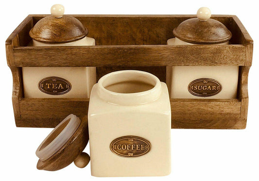 Wooden Rack with Ceramic Tea Coffee & Sugar Jars with Lids