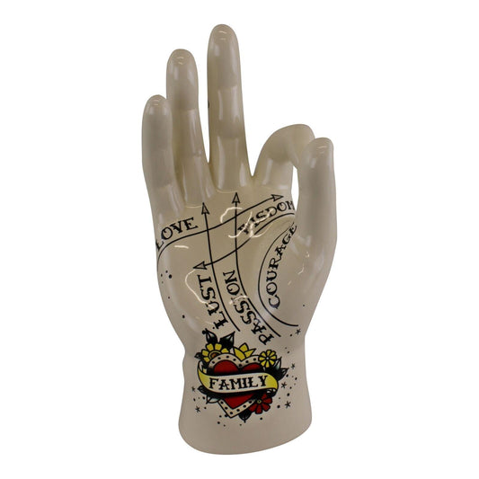 Ceramic Palmistry Hand Family Ornament 22.5cm - Tattoo Print Front View
