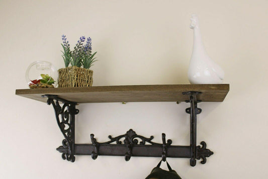 Wooden Wall Shelf with Cast Iron Coat 3 Hooks Hanger Hallway Storage - Home Inspired Gifts