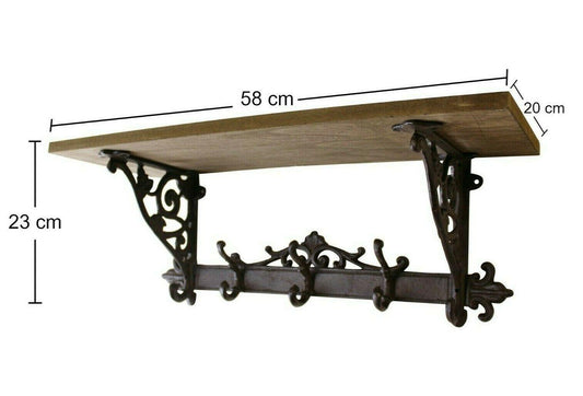 Wooden Wall Shelf with Cast Iron Coat 3 Hooks Hanger Hallway Storage - Home Inspired Gifts