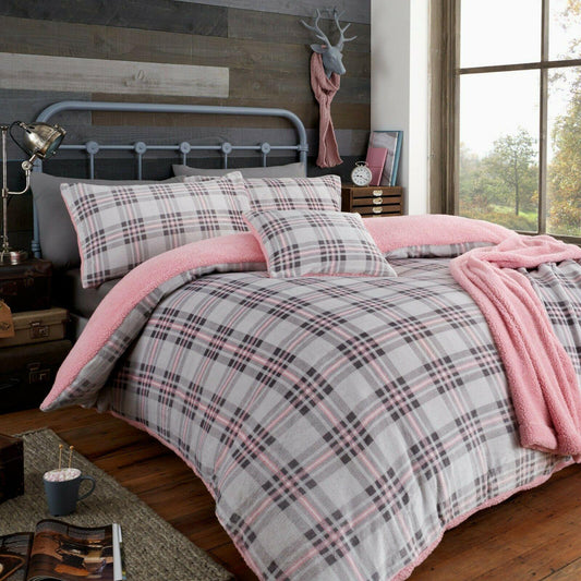 Teddy Bear Fleece Check Duvet Cover Set Soft Bedding - Grey Pink - Kporium Home & Garden