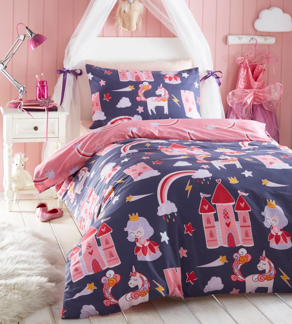 Princess Tower Kids Navy Blue Pink Duvet Cover Bedding Set