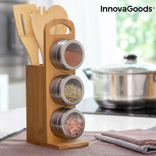 7 Piece Magnetic Spice Tins with Bamboo Utensils Set Stainless Steel