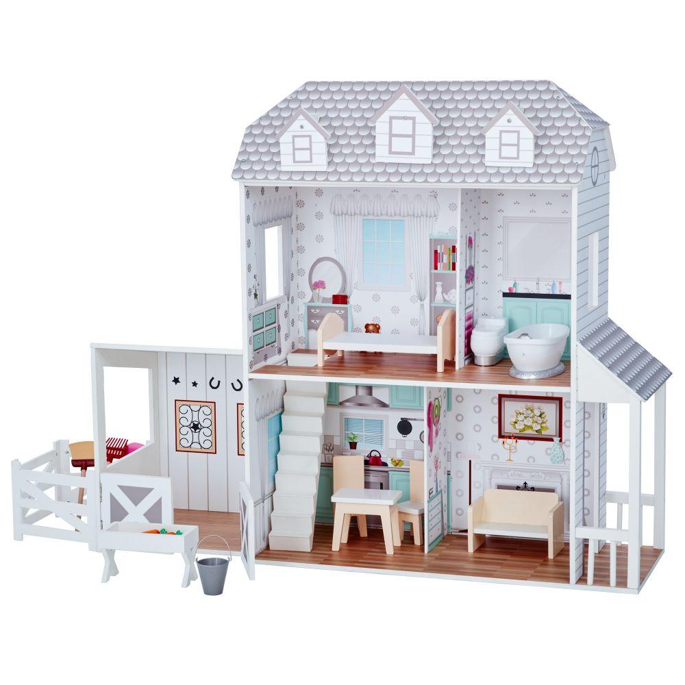 Large Kids Wooden Doll House with Stable 14 Accessories Role Play Toy