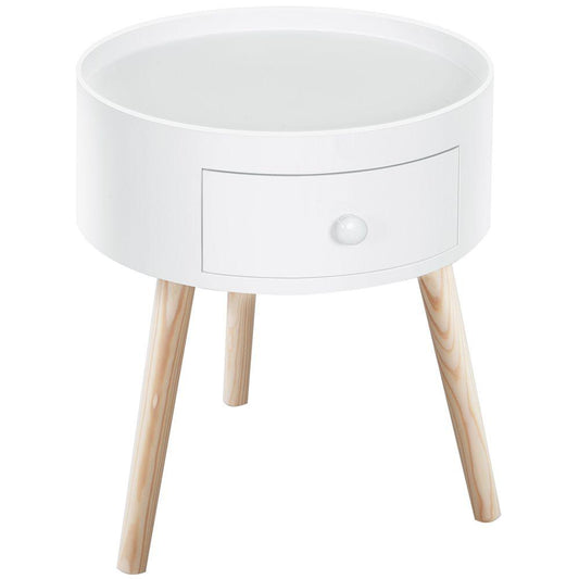 Round Coffee End Table Bedside Storage Drawer Unit - White