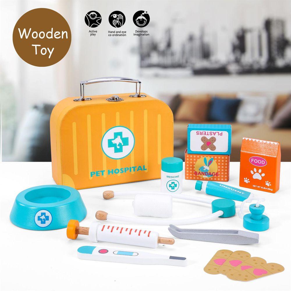 Kids Wooden Pet Hospital Vet Pretend Playset Toy with Carry Case