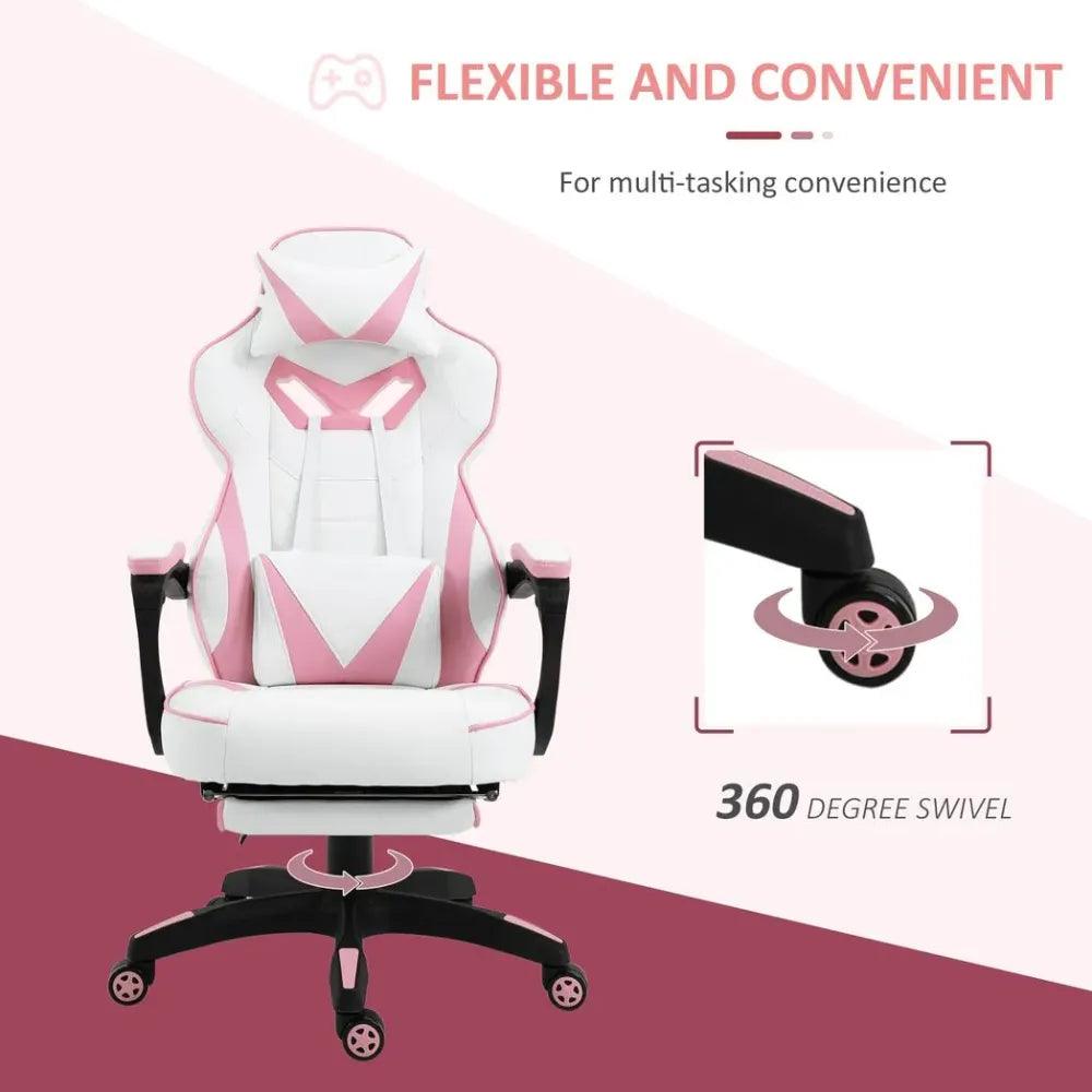 Ergonomic Reclining Swivel Office Gaming Chair with Footrest - Pink