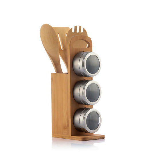 7 Piece Magnetic Spice Tins with Bamboo Utensils Set Stainless Steel